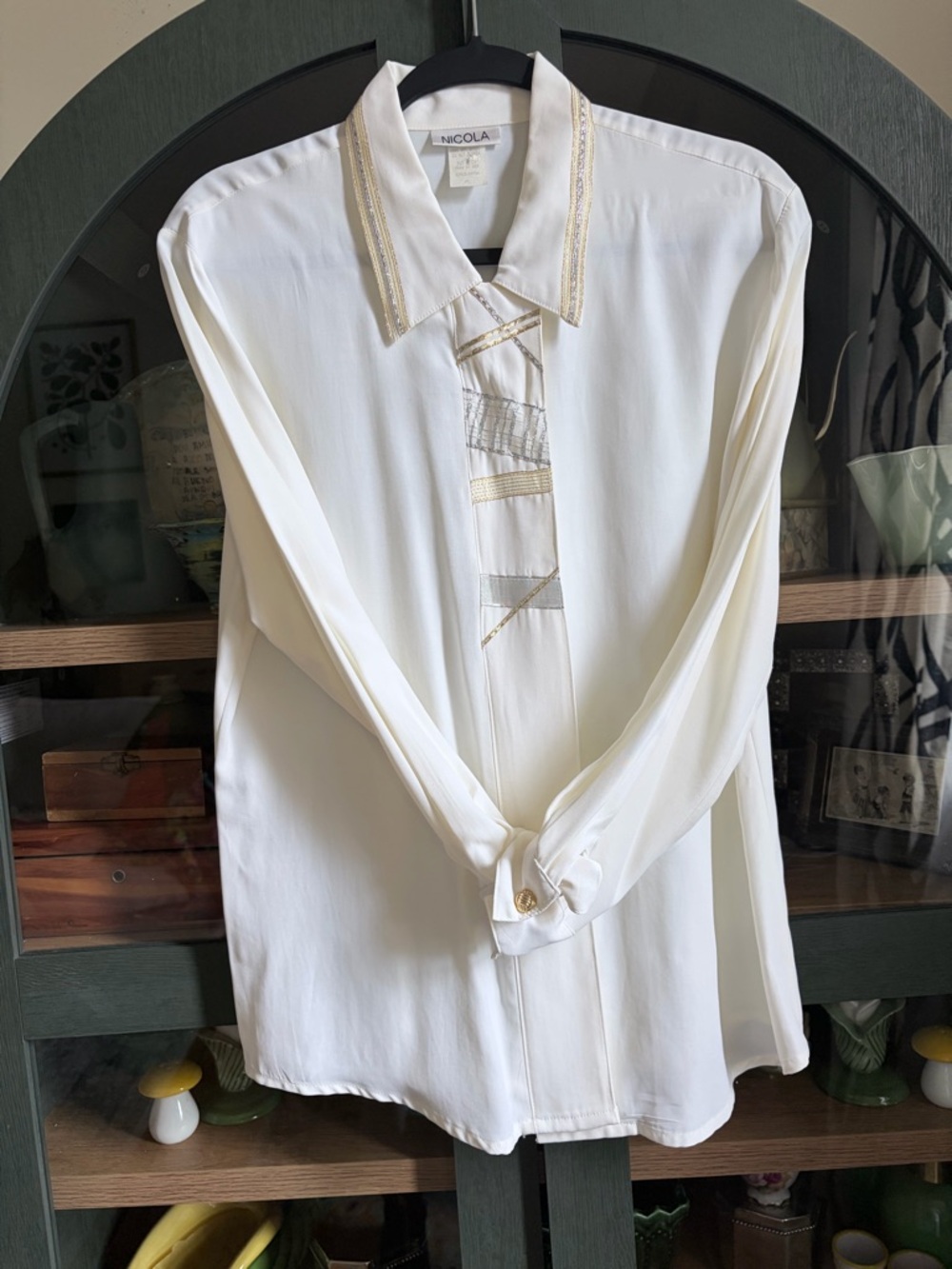 NICOLA Cream Long-Sleeve Blouse with Metallic Trim